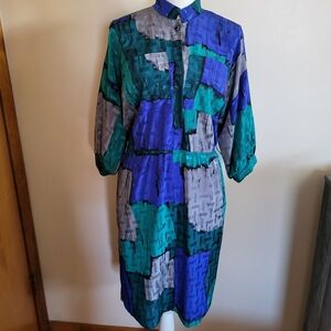 Vintage Abstract Print Blue & Teal Midi Shirt Dress Size 14 Petite 1980s